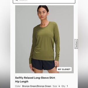 Lululemon Swiftly Relaxed Long Sleeve Shirt Hip Length - Bronze Green Sz 4